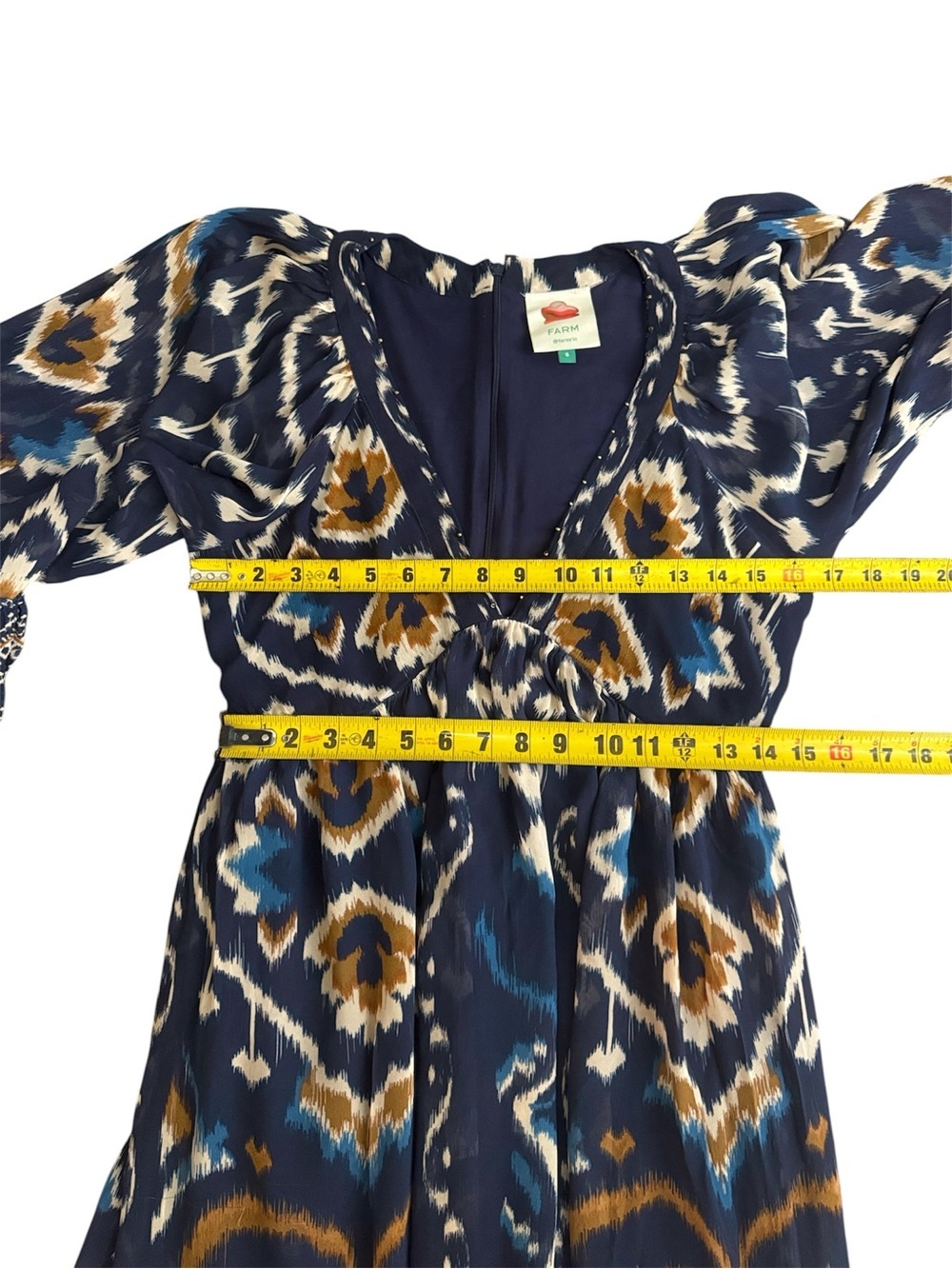 FARM Rio Pineapple Blue Ikat Maxi Dress Boho Long Sleeve Altered Length Small - Picture 13 of 16